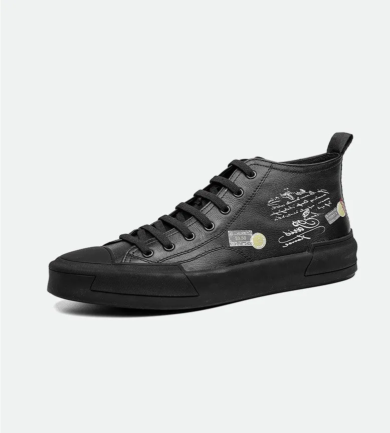 FAMAN MID TOP PRINT TRAINERS IN BLACK