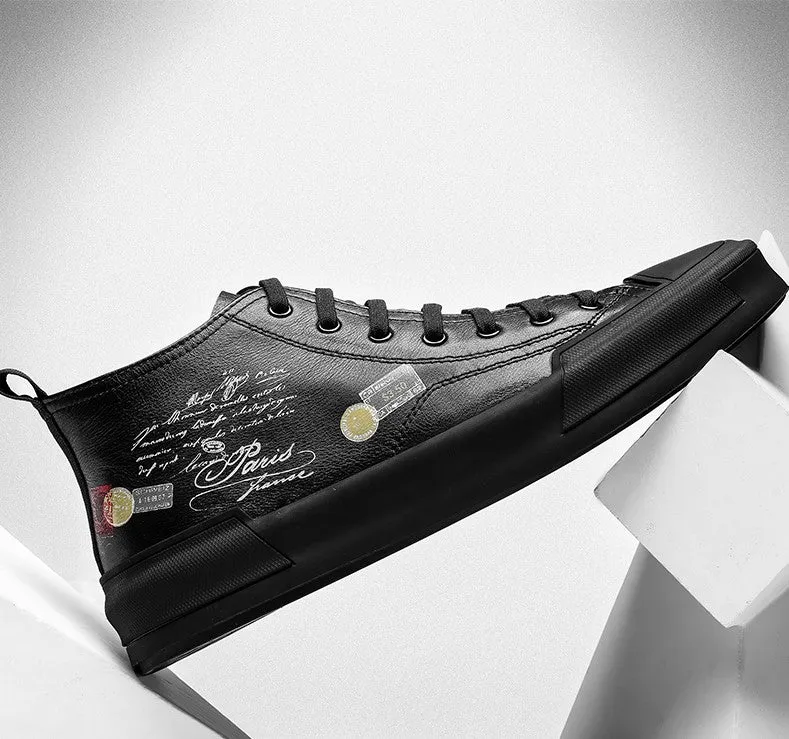 FAMAN MID TOP PRINT TRAINERS IN BLACK