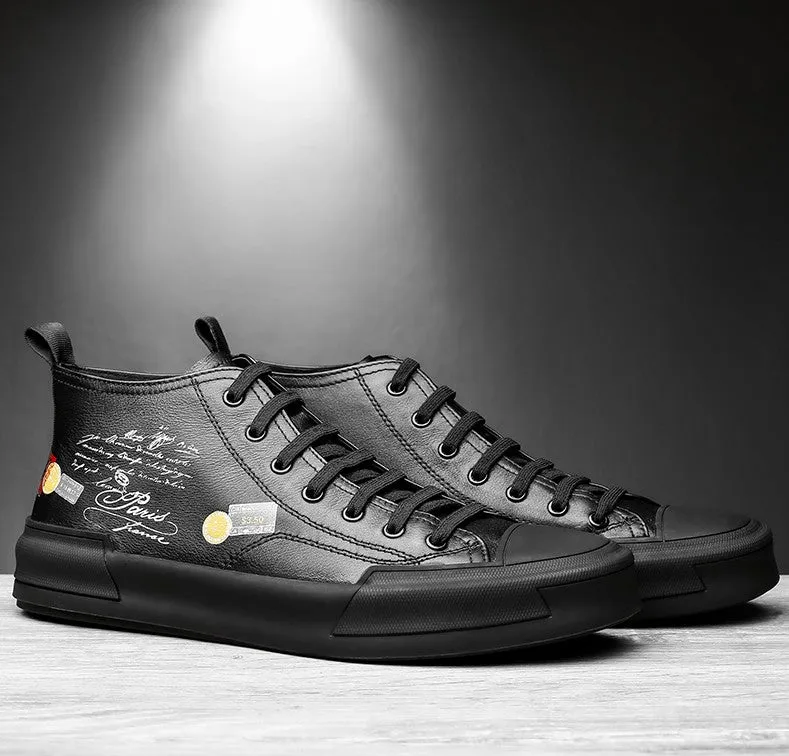 FAMAN MID TOP PRINT TRAINERS IN BLACK