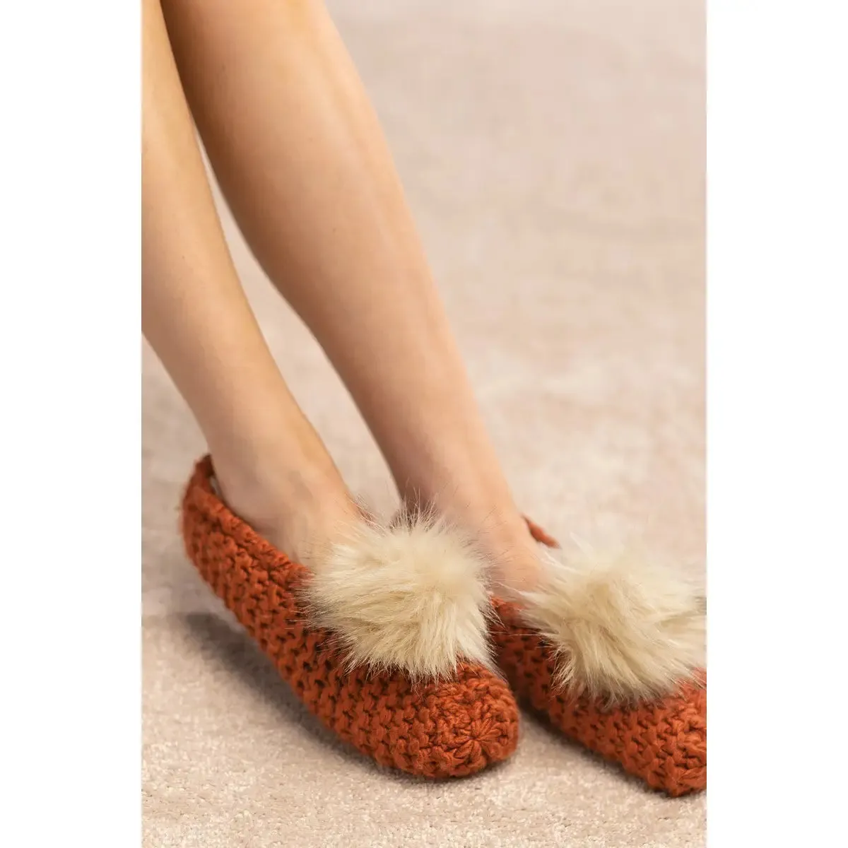 Knitted Slippers with Pom Pom