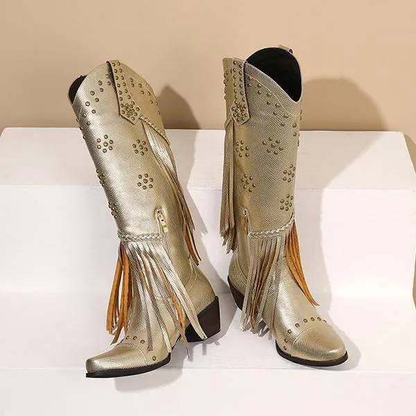 Women's Fashion Retro Rivet Chunky Heel Tassel Boots 34590647S