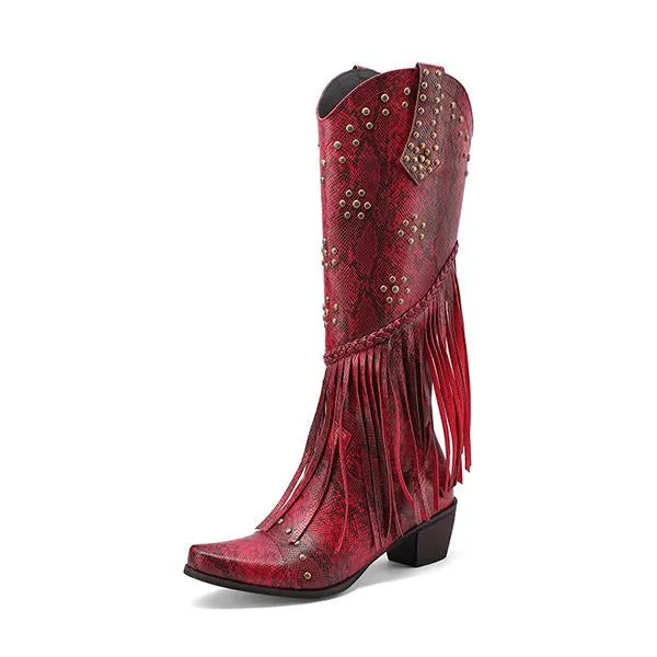 Women's Fashion Retro Rivet Chunky Heel Tassel Boots 34590647S