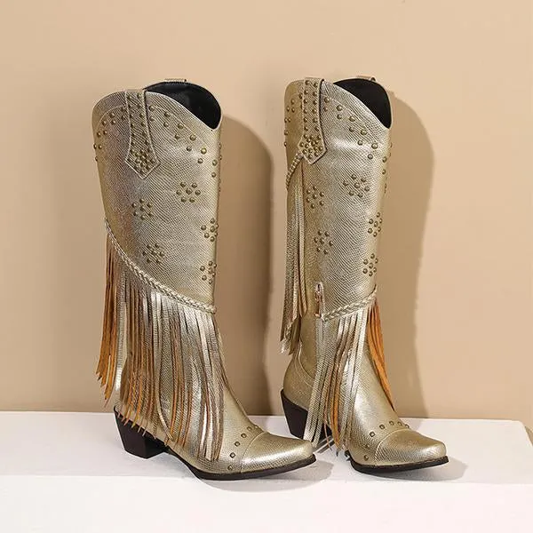 Women's Fashion Retro Rivet Chunky Heel Tassel Boots 34590647S