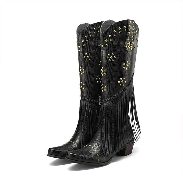 Women's Fashion Retro Rivet Chunky Heel Tassel Boots 34590647S