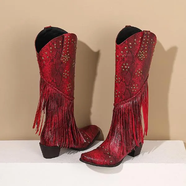 Women's Fashion Retro Rivet Chunky Heel Tassel Boots 34590647S