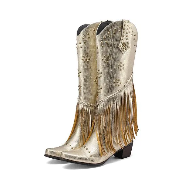 Women's Fashion Retro Rivet Chunky Heel Tassel Boots 34590647S
