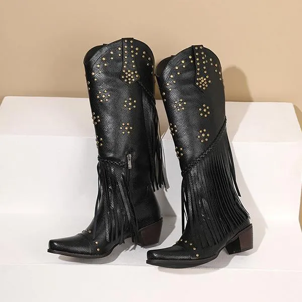Women's Fashion Retro Rivet Chunky Heel Tassel Boots 34590647S