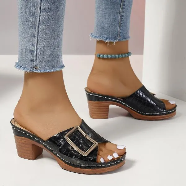 Women's Fashion Square Buckle Block Heel Slippers 36096380S
