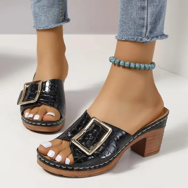 Women's Fashion Square Buckle Block Heel Slippers 36096380S