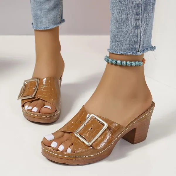 Women's Fashion Square Buckle Block Heel Slippers 36096380S