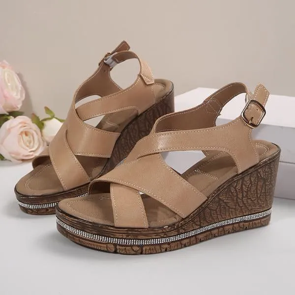 Women's Fish Mouth Imitation Cork Wedge Buckle Sandals 99678671S