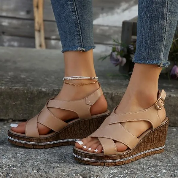 Women's Fish Mouth Imitation Cork Wedge Buckle Sandals 99678671S