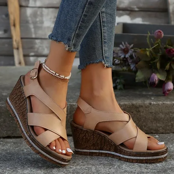 Women's Fish Mouth Imitation Cork Wedge Buckle Sandals 99678671S