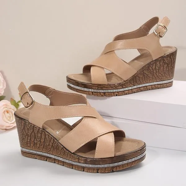 Women's Fish Mouth Imitation Cork Wedge Buckle Sandals 99678671S