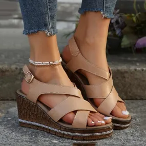 Women's Fish Mouth Imitation Cork Wedge Buckle Sandals 99678671S