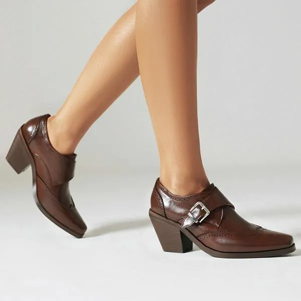 Women's Preppy Style Belt Buckle Chunky Heel Oxford Shoes 21819485S