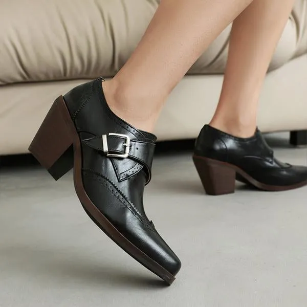 Women's Preppy Style Belt Buckle Chunky Heel Oxford Shoes 21819485S
