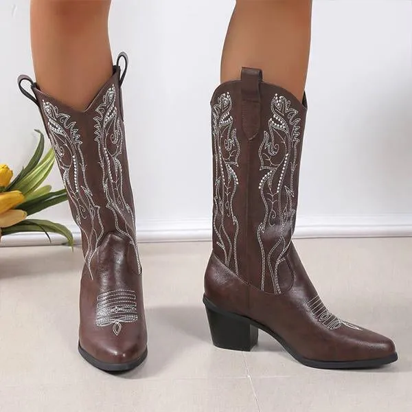 Women's Retro Flower Embroidered Chunky Heel Boots 58584316S