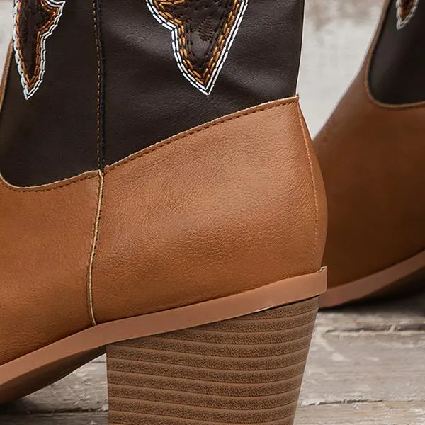 Women's Retro Flower Embroidered Chunky Heel Boots 58584316S
