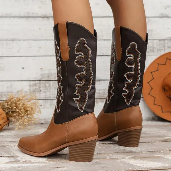 Women's Retro Flower Embroidered Chunky Heel Boots 58584316S