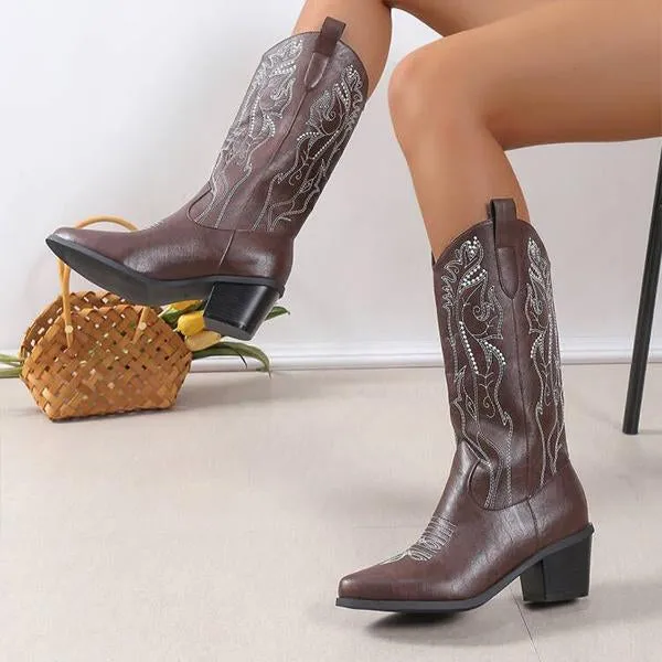 Women's Retro Flower Embroidered Chunky Heel Boots 58584316S
