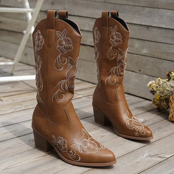 Women's Retro Flower Embroidered Chunky Heel Boots 58584316S