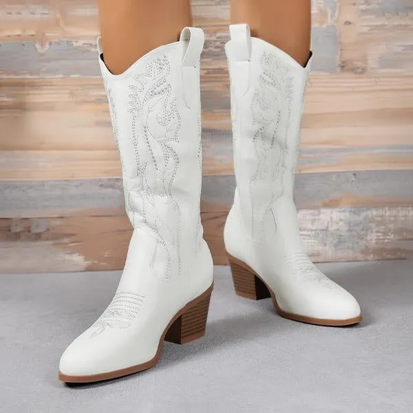 Women's Retro Flower Embroidered Chunky Heel Boots 58584316S