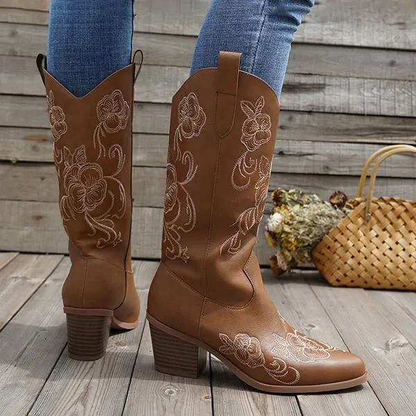 Women's Retro Flower Embroidered Chunky Heel Boots 58584316S