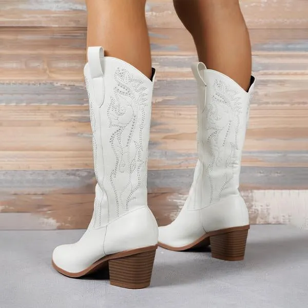 Women's Retro Flower Embroidered Chunky Heel Boots 58584316S