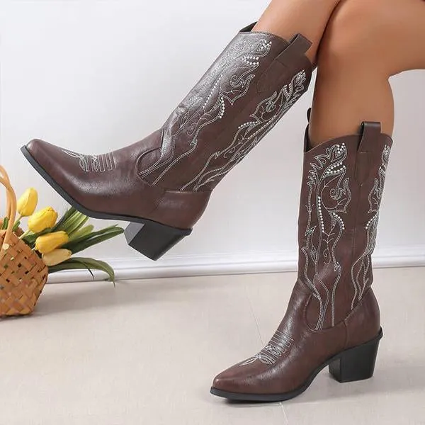 Women's Retro Flower Embroidered Chunky Heel Boots 58584316S