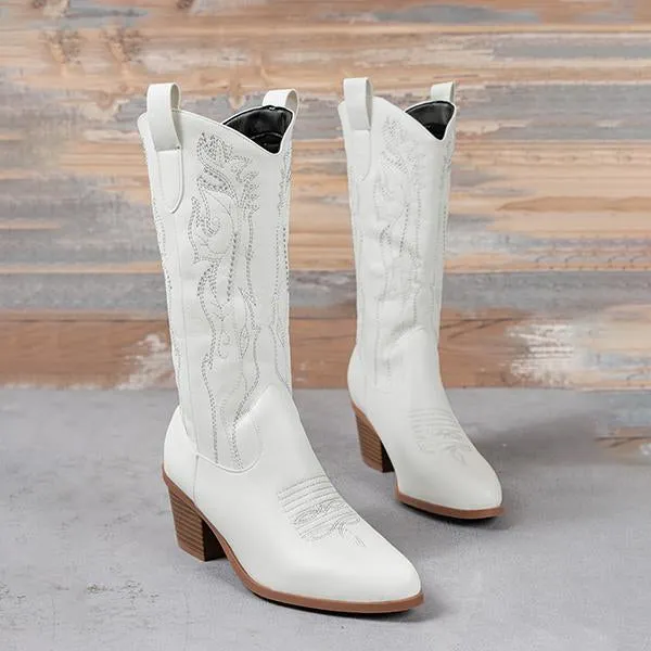 Women's Retro Flower Embroidered Chunky Heel Boots 58584316S
