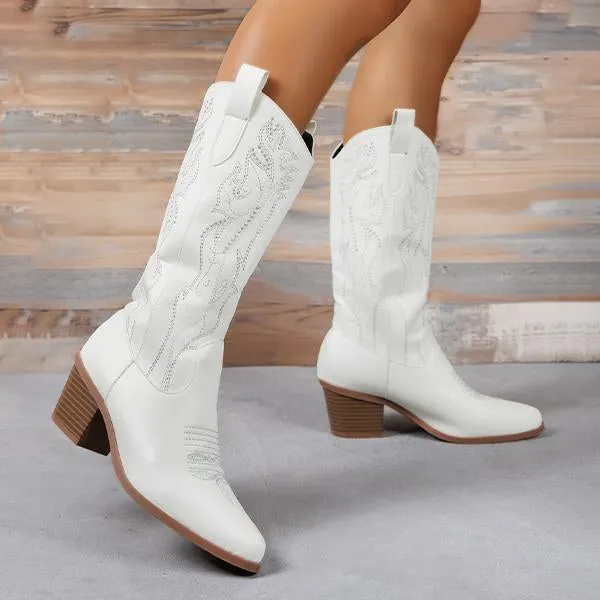 Women's Retro Flower Embroidered Chunky Heel Boots 58584316S