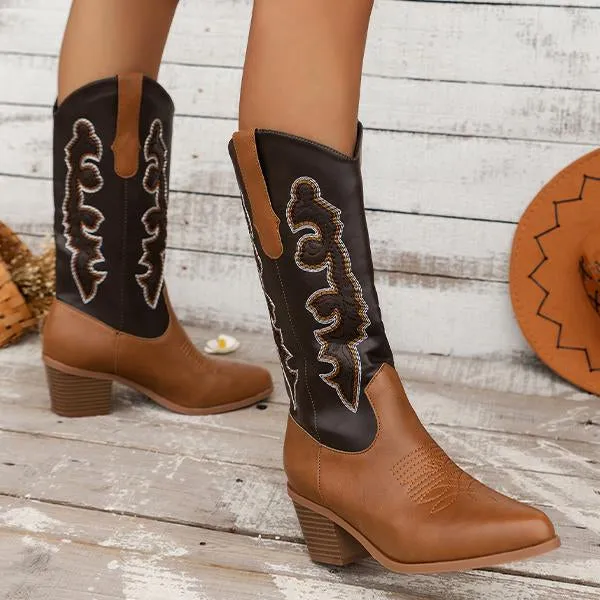 Women's Retro Flower Embroidered Chunky Heel Boots 58584316S