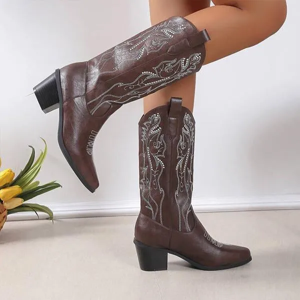 Women's Retro Flower Embroidered Chunky Heel Boots 58584316S