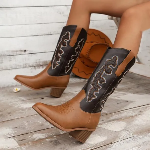 Women's Retro Flower Embroidered Chunky Heel Boots 58584316S
