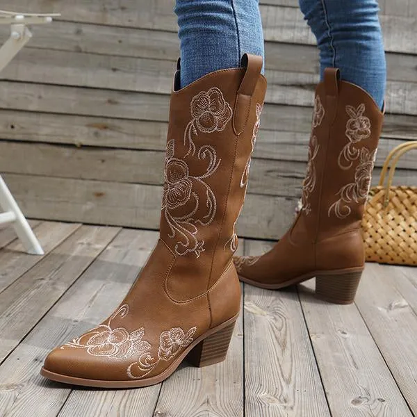 Women's Retro Flower Embroidered Chunky Heel Boots 58584316S
