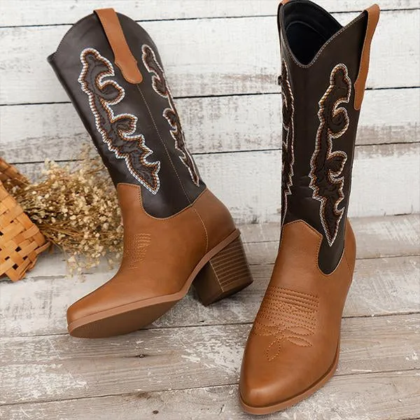 Women's Retro Flower Embroidered Chunky Heel Boots 58584316S