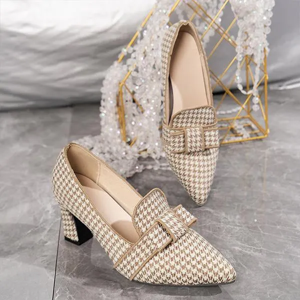 Women's Retro Plaid Casual Thick Heel Pointed Shoes 12997860S