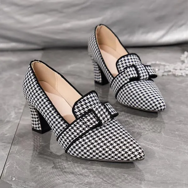 Women's Retro Plaid Casual Thick Heel Pointed Shoes 12997860S