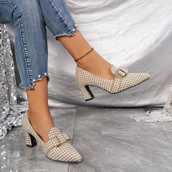 Women's Retro Plaid Casual Thick Heel Pointed Shoes 12997860S