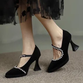 Women's Retro Rhinestone Chunky Cat Heel Mary Jane 51763932S
