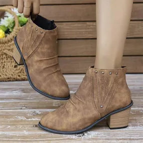 Women's Retro Studded Pleated Block Heel Ankle Boots 71833441S