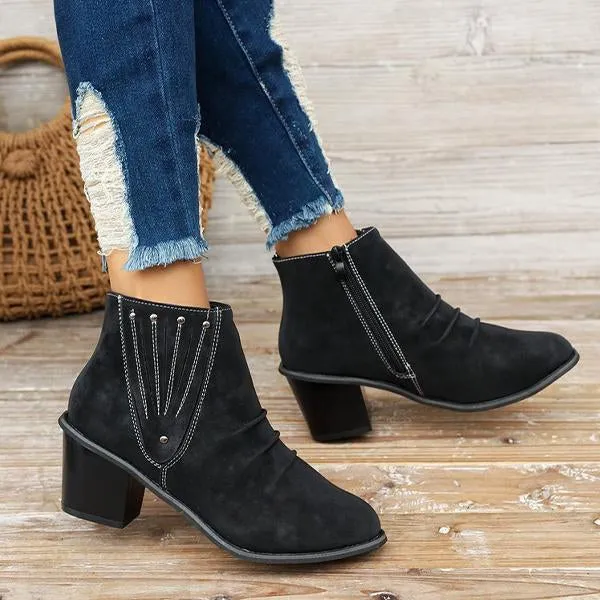 Women's Retro Studded Pleated Block Heel Ankle Boots 71833441S