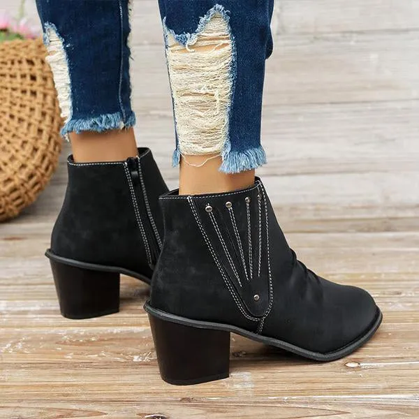 Women's Retro Studded Pleated Block Heel Ankle Boots 71833441S