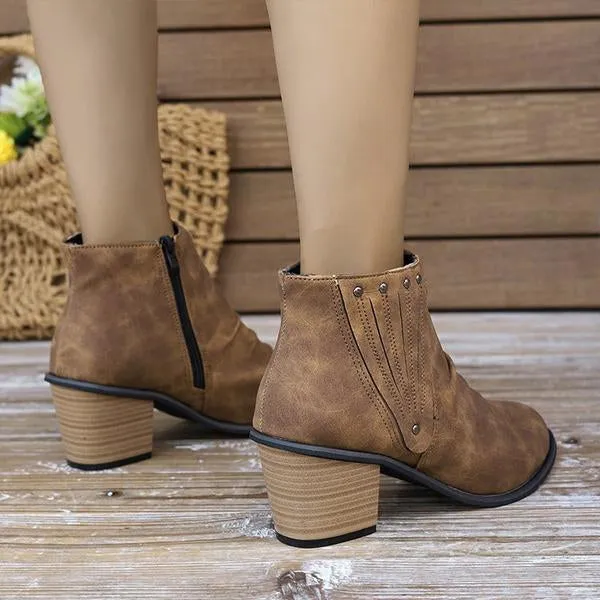 Women's Retro Studded Pleated Block Heel Ankle Boots 71833441S