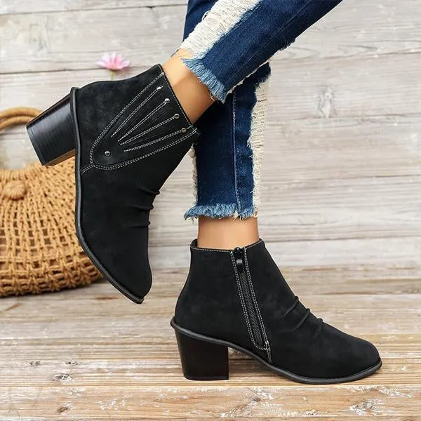 Women's Retro Studded Pleated Block Heel Ankle Boots 71833441S