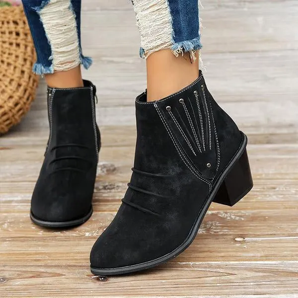 Women's Retro Studded Pleated Block Heel Ankle Boots 71833441S