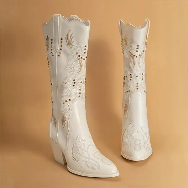 Women's Rivet Embroidered Mid-calf Rider Western Boots 99025364S