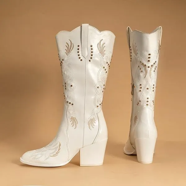Women's Rivet Embroidered Mid-calf Rider Western Boots 99025364S