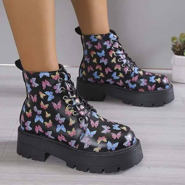 Women's Snowflake Butterfly Print Thick Sole Martin Boots 28953744S